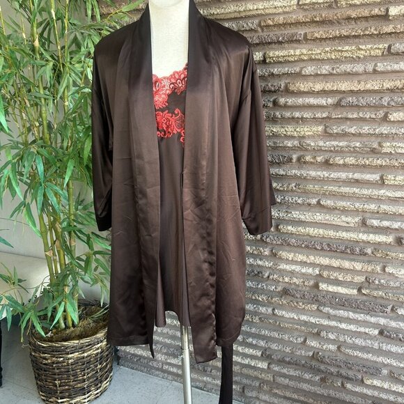 Natori Brown and Red Lace Satin Negligee and Robe Loungewear Set Size Small - Picture 7 of 10